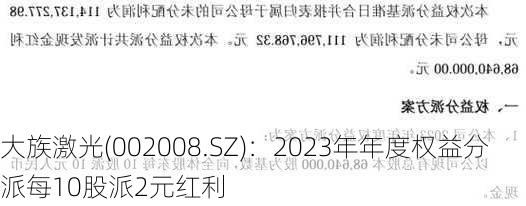 大族激光(002008.SZ)：2023年年度权益分派每10股派2元红利