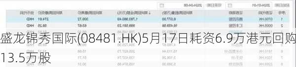 盛龙锦秀国际(08481.HK)5月17日耗资6.9万港元回购13.5万股