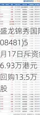 盛龙锦秀国际(08481)5月17日斥资约6.93万港元回购13.5万股