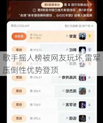 歌手摇人榜被网友玩坏 雷军压倒性优势登顶