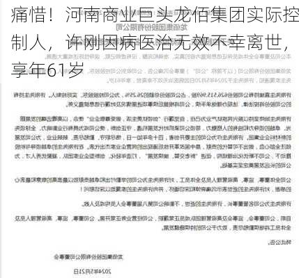 痛惜！河南商业巨头龙佰集团实际控制人，许刚因病医治无效不幸离世，享年61岁