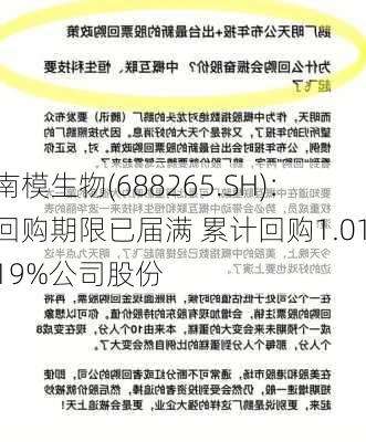 南模生物(688265.SH)：回购期限已届满 累计回购1.0119%公司股份