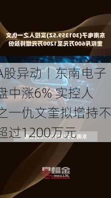 A股异动丨东南电子盘中涨6% 实控人之一仇文奎拟增持不超过1200万元