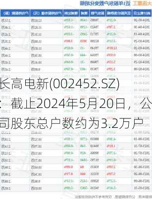 长高电新(002452.SZ)：截止2024年5月20日，公司股东总户数约为3.2万户