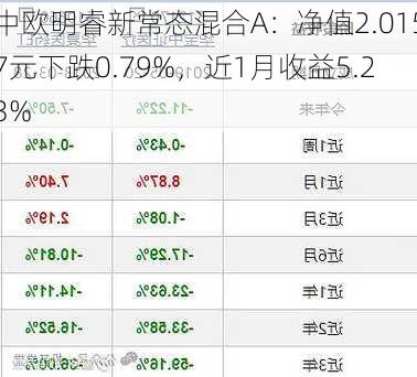 中欧明睿新常态混合A：净值2.0157元下跌0.79%，近1月收益5.23%