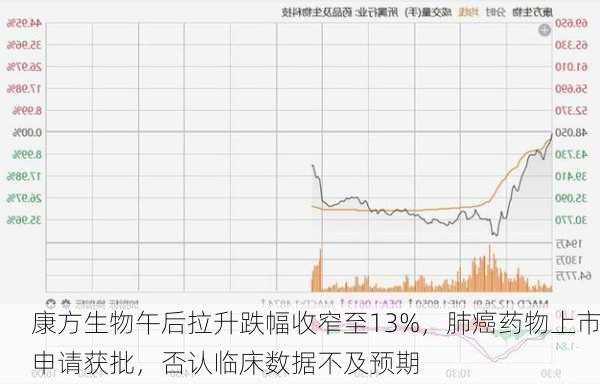 康方生物午后拉升跌幅收窄至13%，肺癌药物上市申请获批，否认临床数据不及预期