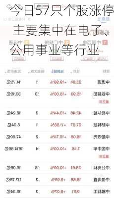 今日57只个股涨停 主要集中在电子、公用事业等行业