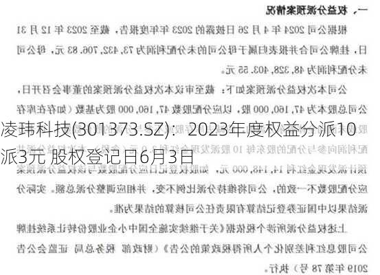 凌玮科技(301373.SZ)：2023年度权益分派10派3元 股权登记日6月3日