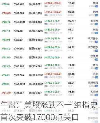 午盘：美股涨跌不一 纳指史上首次突破17000点关口