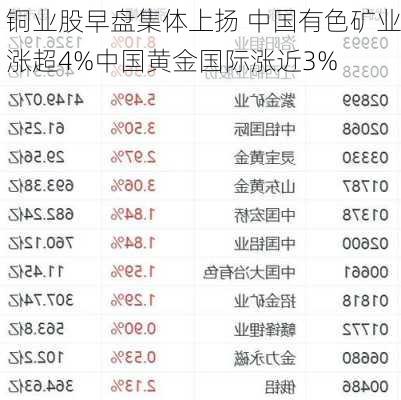 铜业股早盘集体上扬 中国有色矿业涨超4%中国黄金国际涨近3%