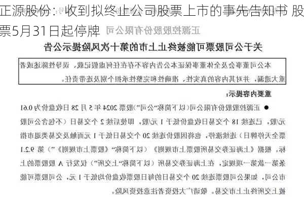 正源股份：收到拟终止公司股票上市的事先告知书 股票5月31日起停牌