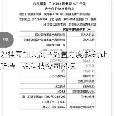 碧桂园加大资产处置力度 拟转让所持一家科技公司股权