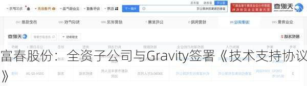 富春股份：全资子公司与Gravity签署《技术支持协议》