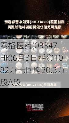 泰格医药(03347.HK)6月3日耗资1082万元回购20.3万股A股