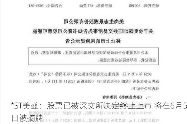 *ST美盛：股票已被深交所决定终止上市 将在6月5日被摘牌