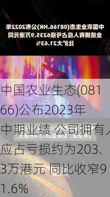 中国农业生态(08166)公布2023年中期业绩 公司拥有人应占亏损约为203.3万港元 同比收窄91.6%