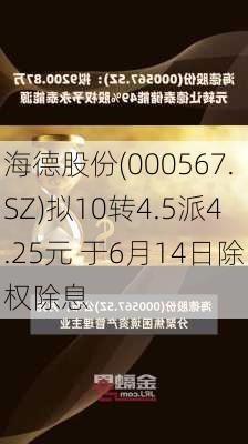 海德股份(000567.SZ)拟10转4.5派4.25元 于6月14日除权除息