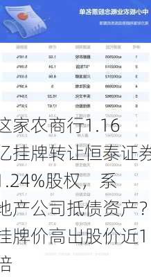 这家农商行1.16亿挂牌转让恒泰证券1.24%股权，系地产公司抵债资产？挂牌价高出股价近1倍