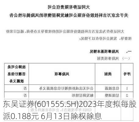 东吴证券(601555.SH)2023年度拟每股派0.188元 6月13日除权除息