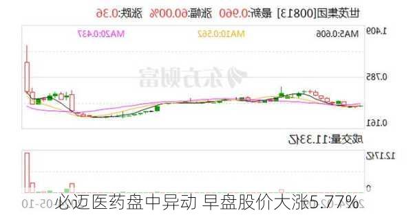 必迈医药盘中异动 早盘股价大涨5.77%