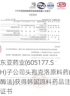 东亚药业(605177.SH)子公司头孢克洛原料药(酶法)获得韩国原料药品注册证书