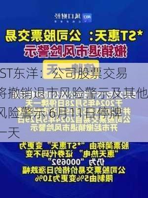 *ST东洋：公司股票交易将撤销退市风险警示及其他风险警示 6月11日停牌一天