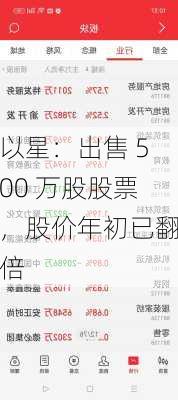 以星：出售 500 万股股票，股价年初已翻倍