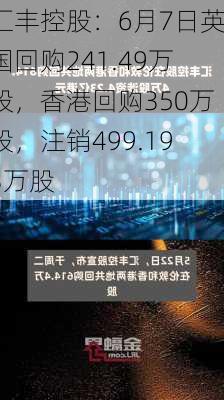 汇丰控股：6月7日英国回购241.49万股，香港回购350万股，注销499.193万股