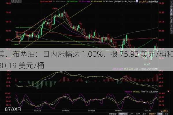 美、布两油：日内涨幅达 1.00%，报 75.93 美元/桶和 80.19 美元/桶