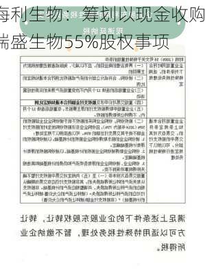 海利生物：筹划以现金收购瑞盛生物55%股权事项