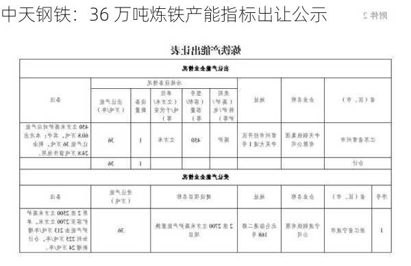 中天钢铁：36 万吨炼铁产能指标出让公示