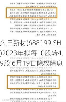 久日新材(688199.SH)2023年拟每10股转4.9股 6月19日除权除息