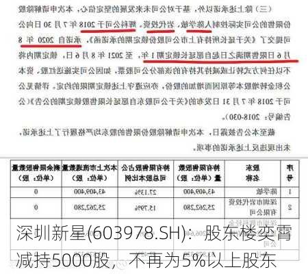 深圳新星(603978.SH)：股东楼奕霄减持5000股，不再为5%以上股东