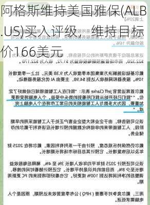 阿格斯维持美国雅保(ALB.US)买入评级，维持目标价166美元