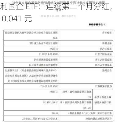 红利国企 ETF：连续第二个月分红，每份 0.041 元