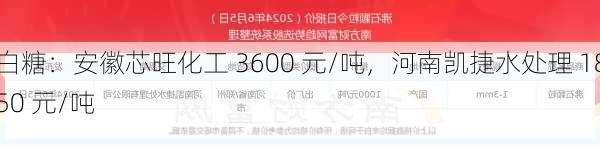 白糖：安徽芯旺化工 3600 元/吨，河南凯捷水处理 1850 元/吨