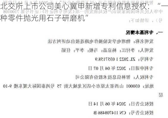 北交所上市公司美心翼申新增专利信息授权：“一种零件抛光用石子研磨机”