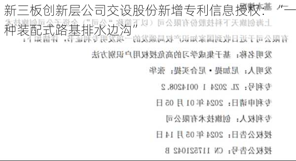 新三板创新层公司交设股份新增专利信息授权：“一种装配式路基排水边沟”