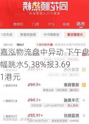 嘉泓物流盘中异动 下午盘大幅跳水5.38%报3.691港元