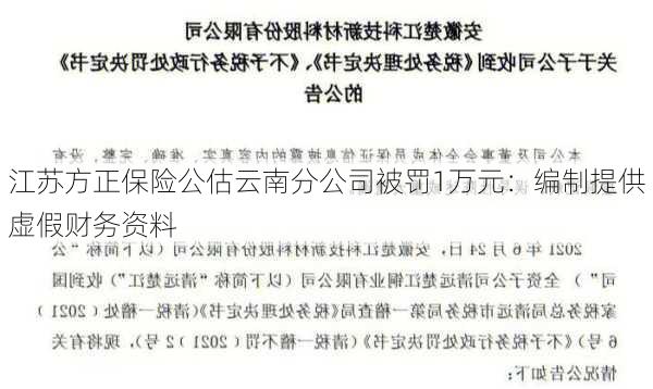 江苏方正保险公估云南分公司被罚1万元：编制提供虚假财务资料