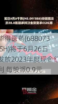 毕得医药(688073.SH)将于6月26日发放2023年度现金红利 每股派0.9元