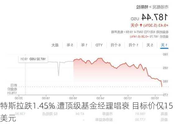 特斯拉跌1.45% 遭顶级基金经理唱衰 目标价仅15美元