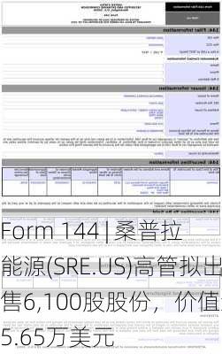 Form 144 | 桑普拉能源(SRE.US)高管拟出售6,100股股份，价值约45.65万美元