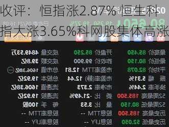 收评：恒指涨2.87% 恒生科指大涨3.65%科网股集体高涨