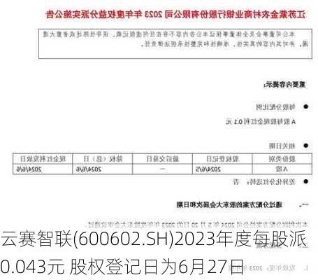 云赛智联(600602.SH)2023年度每股派0.043元 股权登记日为6月27日