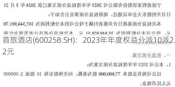 首旅酒店(600258.SH)：2023年年度权益分派10派2.2元