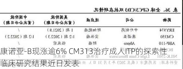 康诺亚-B现涨逾6% CM313治疗成人ITP的探索性临床研究结果近日发表