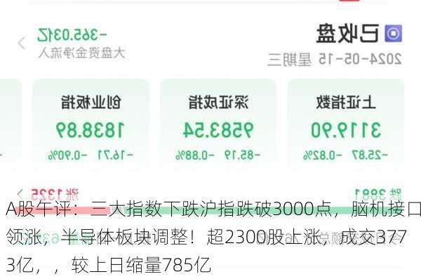 A股午评：三大指数下跌沪指跌破3000点，脑机接口领涨，半导体板块调整！超2300股上涨，成交3773亿，，较上日缩量785亿