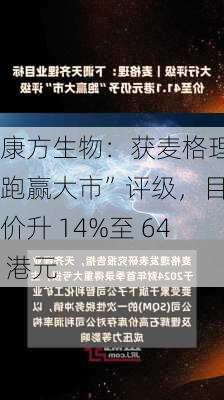 康方生物：获麦格理“跑赢大市”评级，目标价升 14%至 64 港元