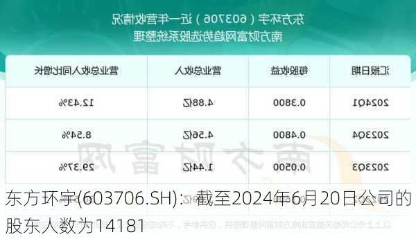 东方环宇(603706.SH)：截至2024年6月20日公司的股东人数为14181